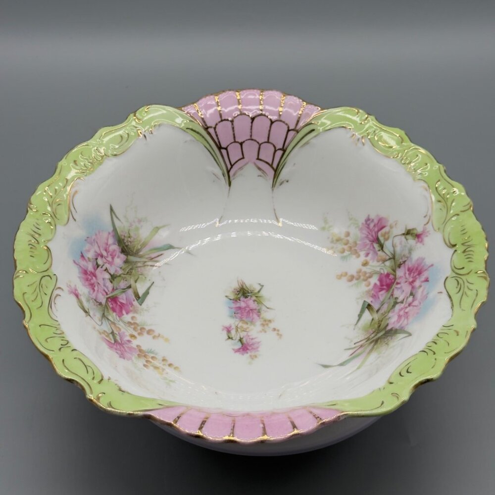 Antique Hand Painted Porcelain 10” Serving Bowl Pink Green Gilt Floral